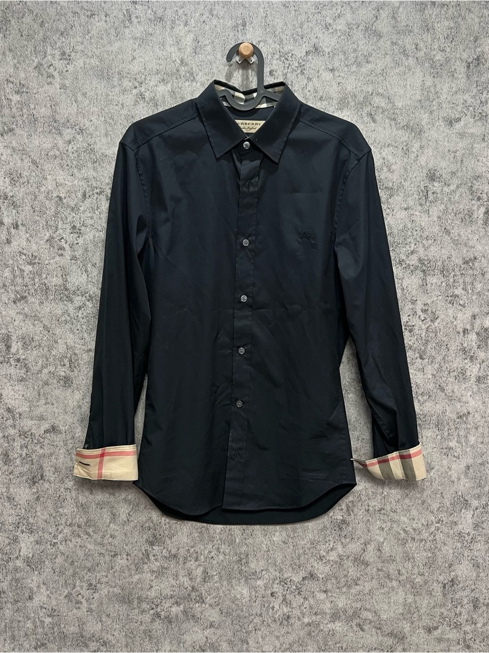 Burberry Black Long-Sleeve Button-Up Shirt with Check Cuff Detail